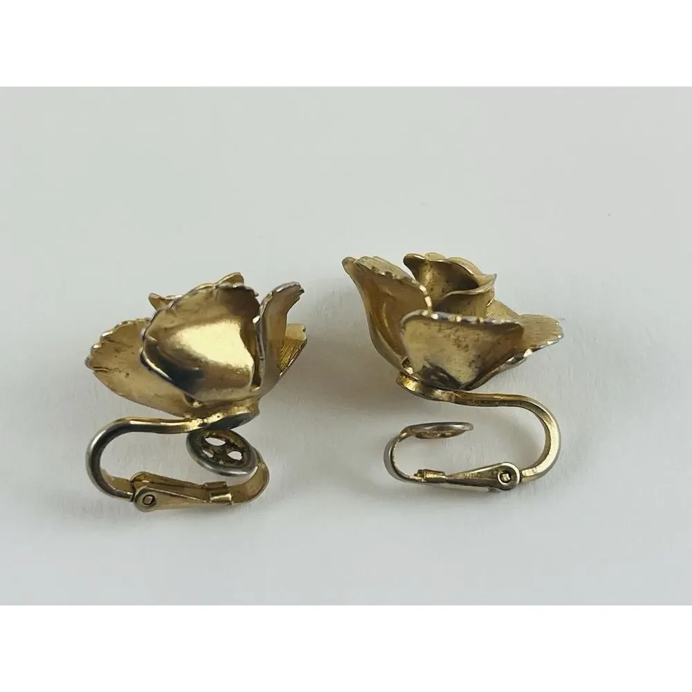 Lisner Open Rose Flower Clip On Earrings Gold Tone Jewelry Vintage Granny 3D Chu - Picture 6 of 13